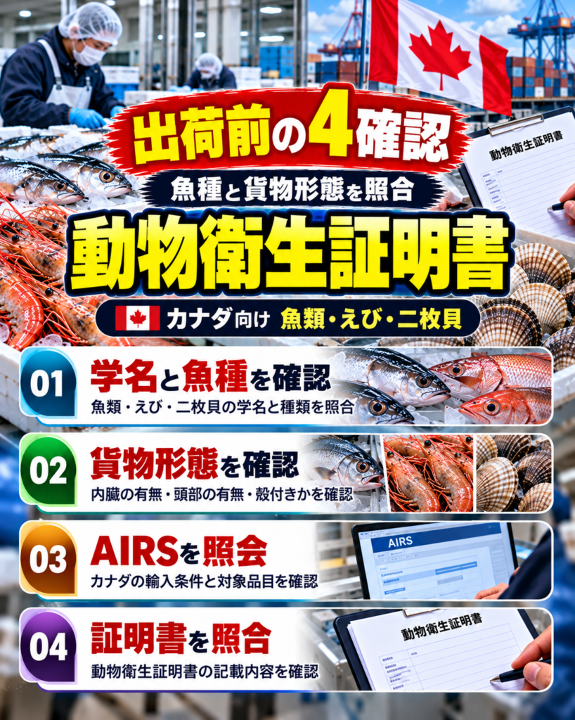 カナダ向け魚類・えび・二枚貝を輸出する前に確認したい動物衛生証明書