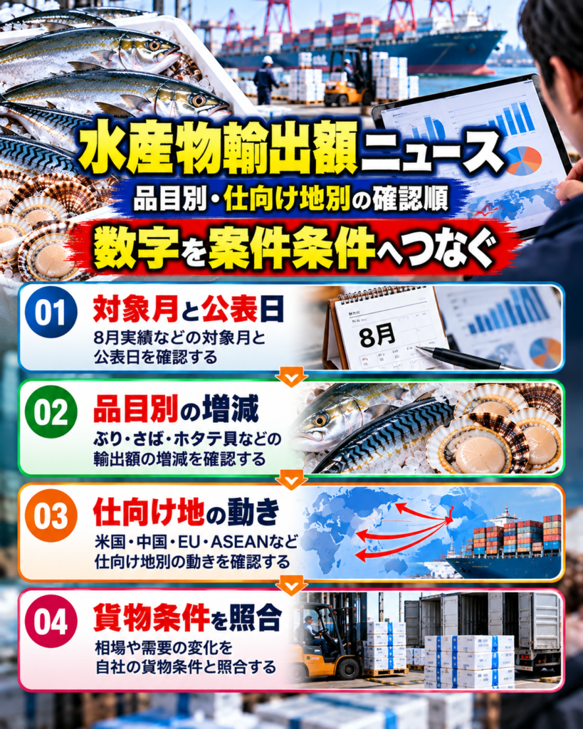 水産物の輸出額ニュースを受けた時に確認する品目別・仕向け地別の動き